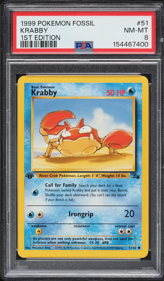 1999 Pokemon Fossil 1st Edition Krabby #51 PSA 8 NM-MT
