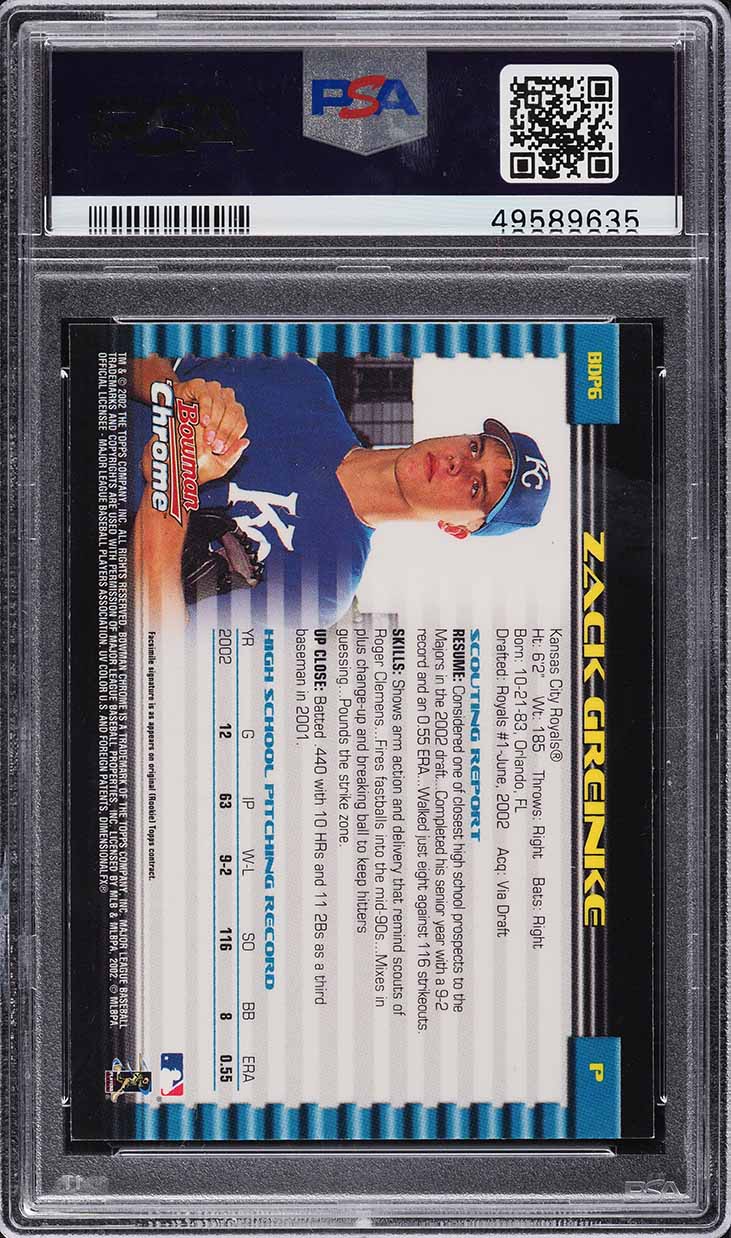 2002 Bowman Chrome Draft Picks Zack Greinke ROOKIE #6 PSA 9 MINT