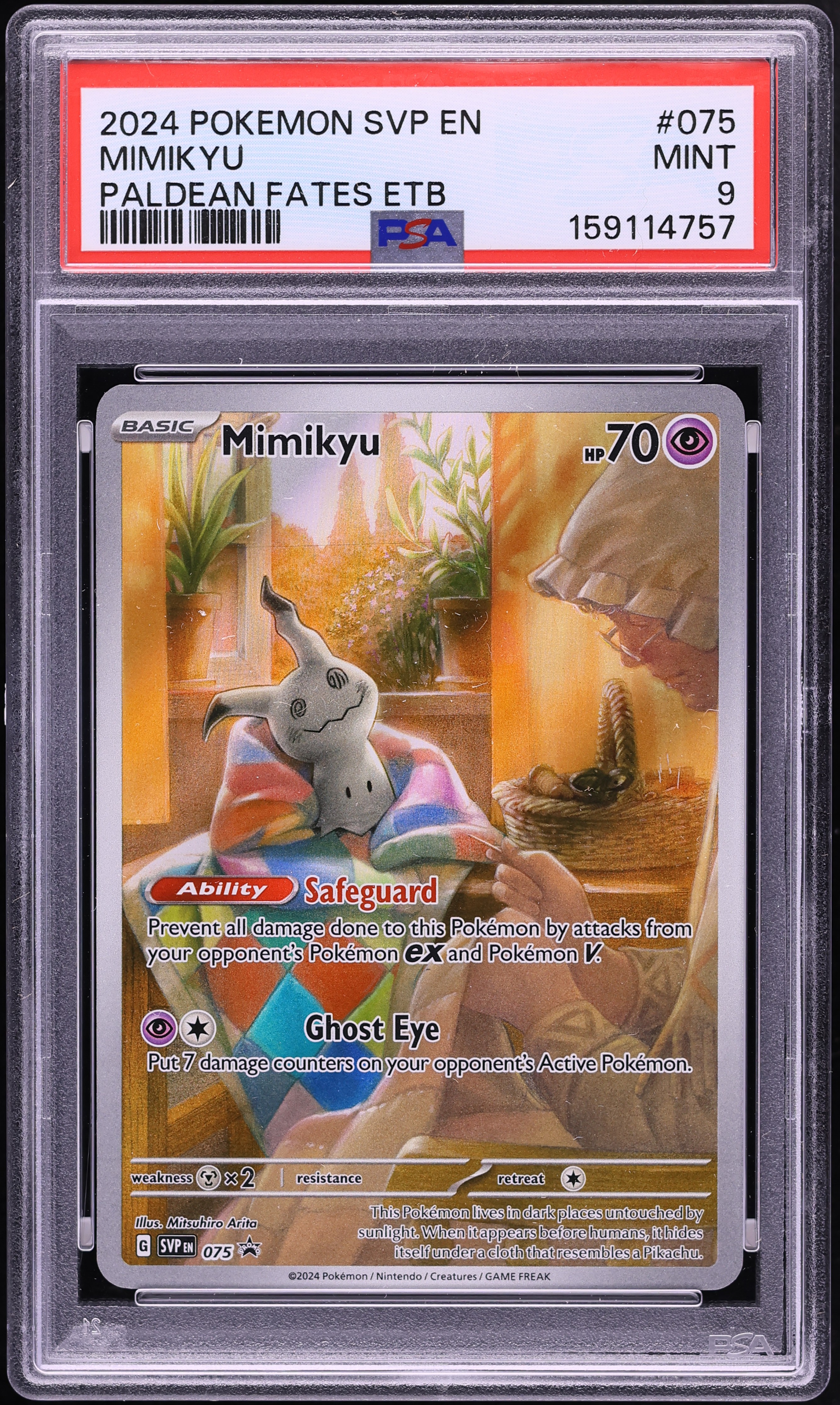 2024 Pokemon Scarlet & Violet Promo Paldean Fates ETB Full Art Mimikyu #75 PSA 9 MINT