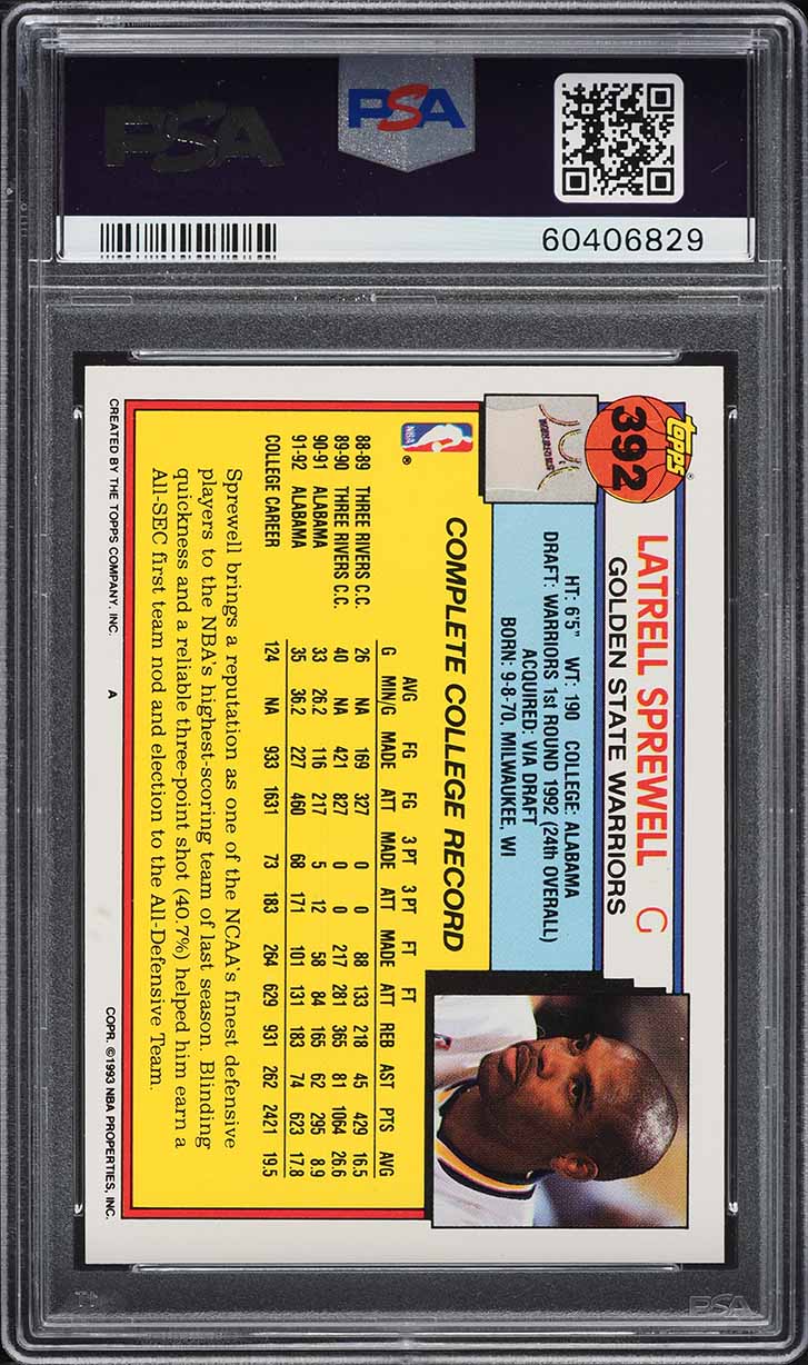 1992 Topps Basketball Latrell Sprewell ROOKIE #392 PSA 10 GEM MINT