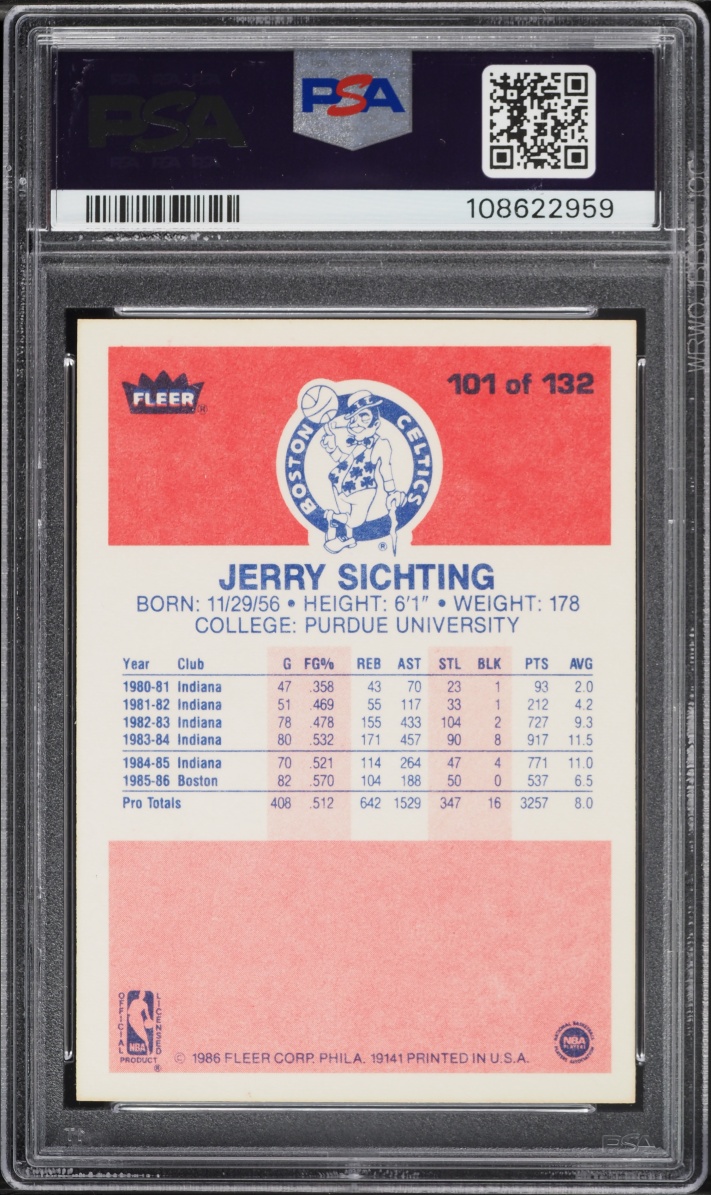 1986 Fleer Basketball Jerry Sichting #101 PSA 9 MINT