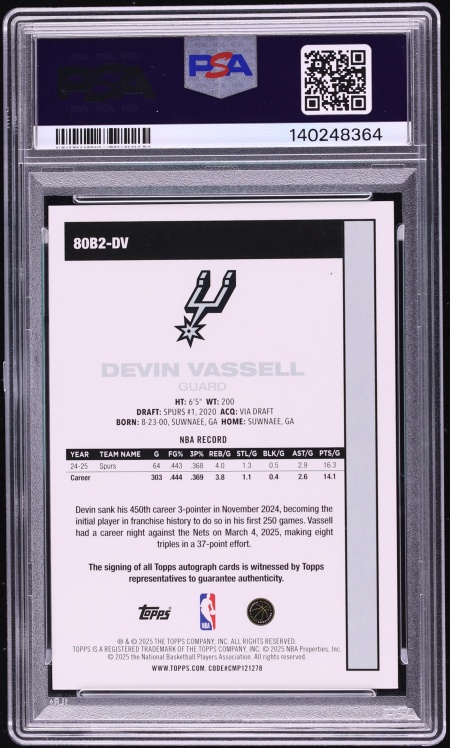 2025 Topps '80 Foilfractor Devin Vassell AUTO 1/1 #80B2-DV PSA 8 NM-MT