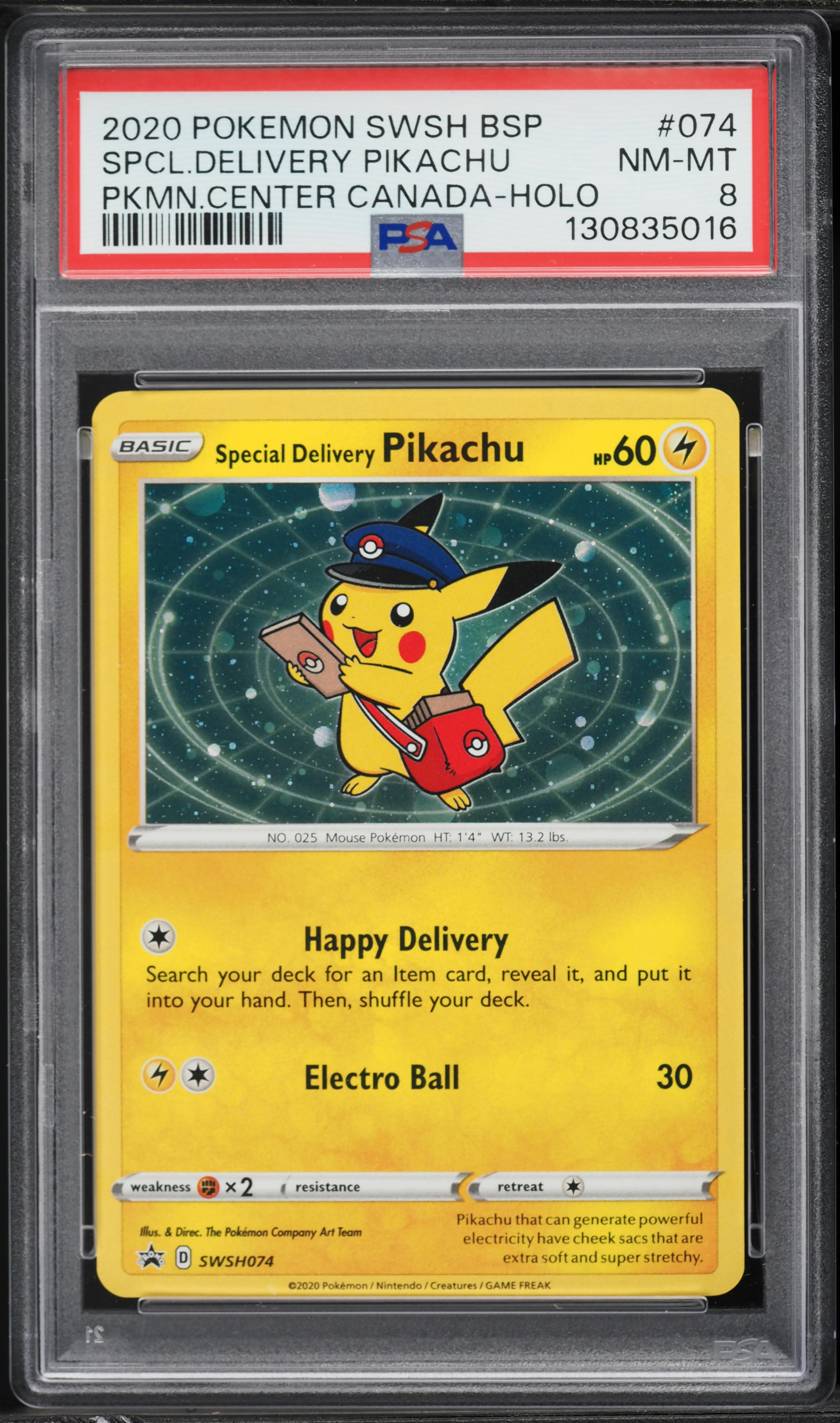 2020 Pokemon Sword & Shield Promo Center Canada Special Delivery Pikachu #74 PSA 8 NM-MT
