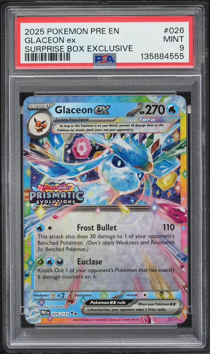 2025 Pokemon Scarlet & Violet Prismatic Evolutions Surprise Box Holo Glaceon EX #26 PSA 9 MINT