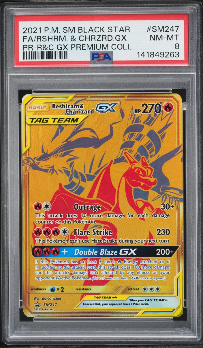 2021 Pokemon Sun & Moon Promo Premium Full Art Reshiram & Charizard GX #SM247 PSA 8 NM-MT