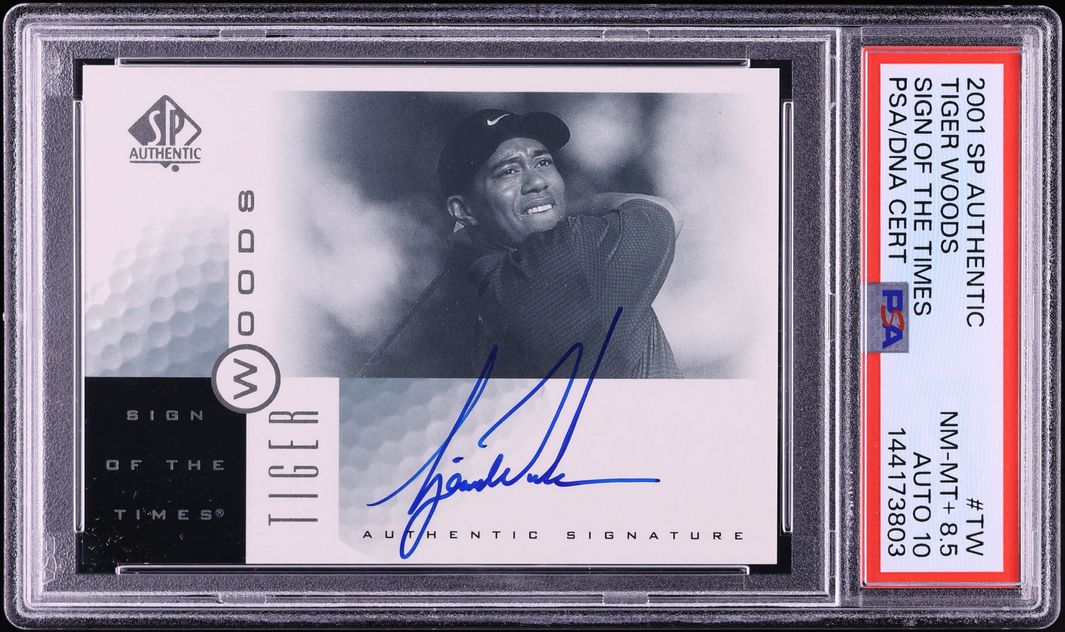 2001 SP Authentic Sign Of The Times Tiger Woods ROOKIE AUTO DNA 10 #TW PSA 8.5 NM-MT+