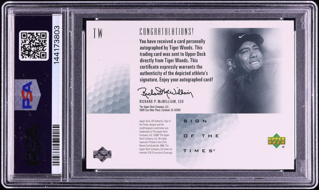 2001 SP Authentic Sign Of The Times Tiger Woods ROOKIE AUTO DNA 10 #TW PSA 8.5 NM-MT+