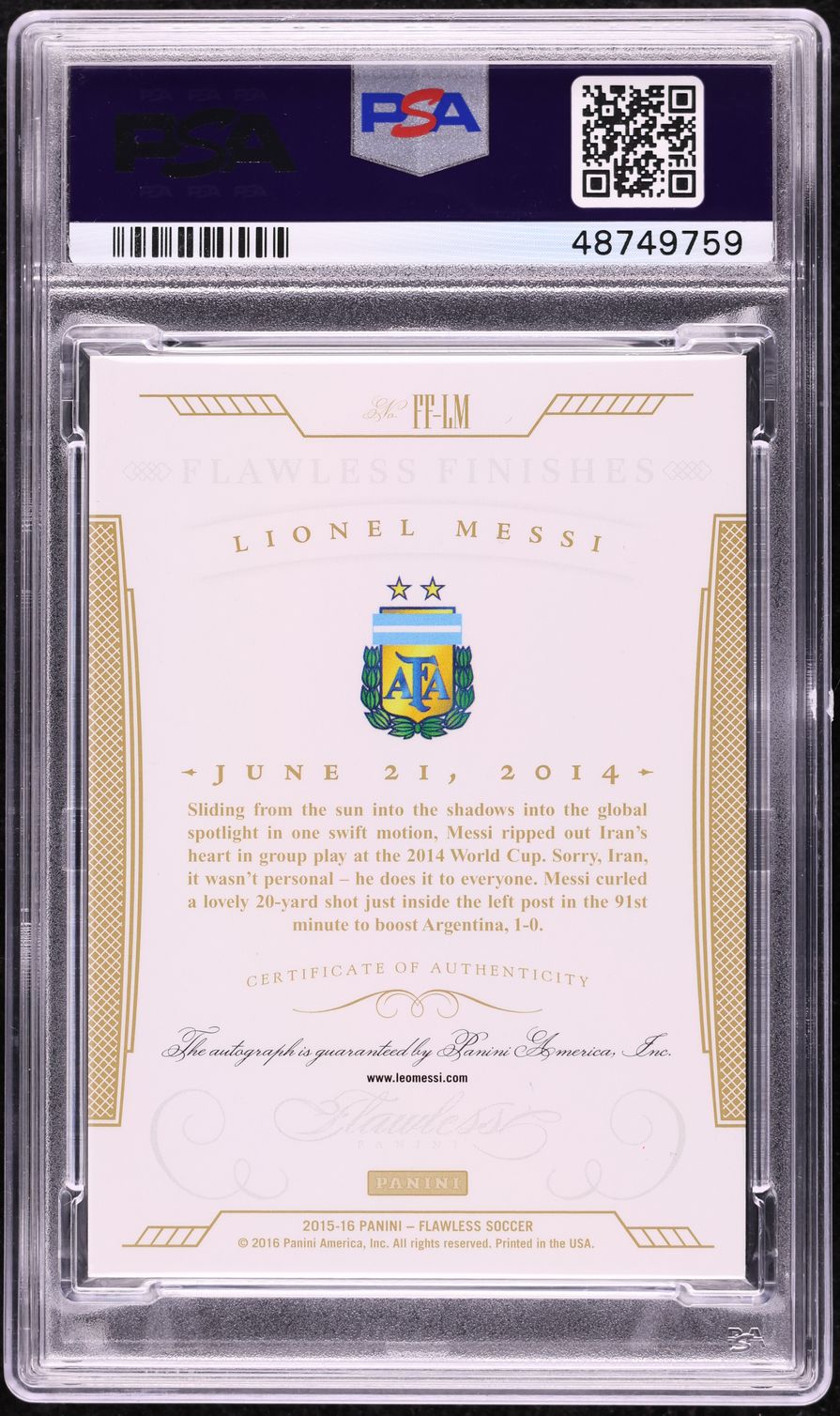 2015 Panini Flawless Finishes Gold Proof Emerald Lionel Messi AUTO 1/1 PSA 7