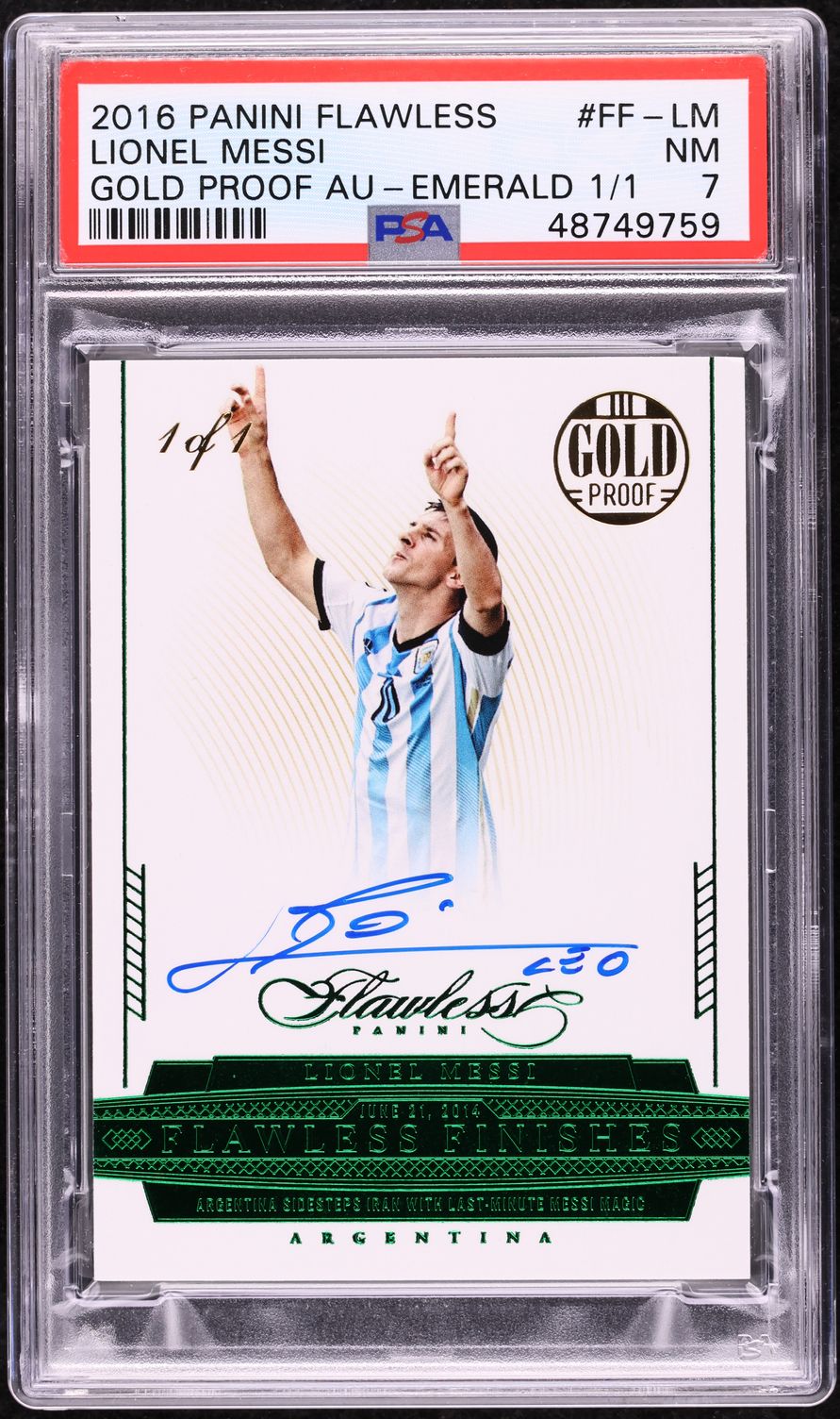 2015 Panini Flawless Finishes Gold Proof Emerald Lionel Messi AUTO 1/1 PSA 7
