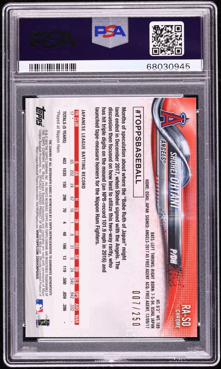 2018 Topps Chrome Purple Refractor Shohei Ohtani ROOKIE AUTO /250 #RA-SO PSA 9