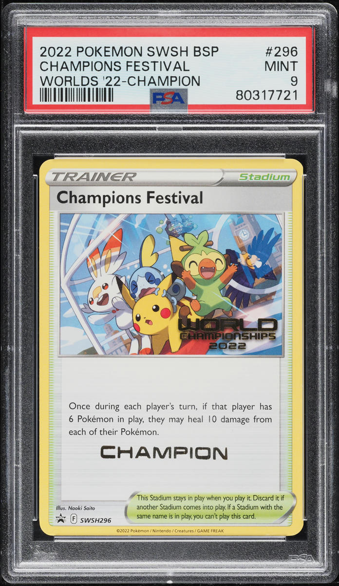 2022 Pokemon SWSH Black Star Promo Worlds Champion Champions Festival #296 PSA 9