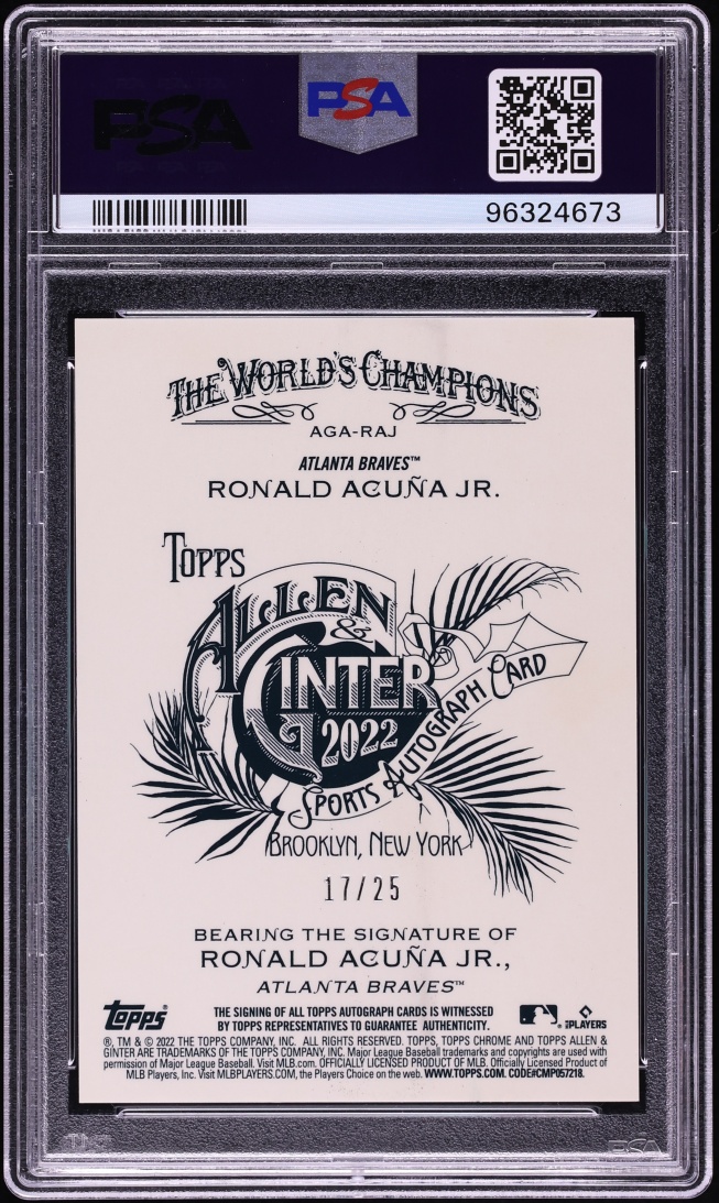 2022 Topps Chrome Allen & Ginter Orange Refractor Ronald Acuna Jr. AUTO /25 #AGA-RAJ PSA 10 GEM