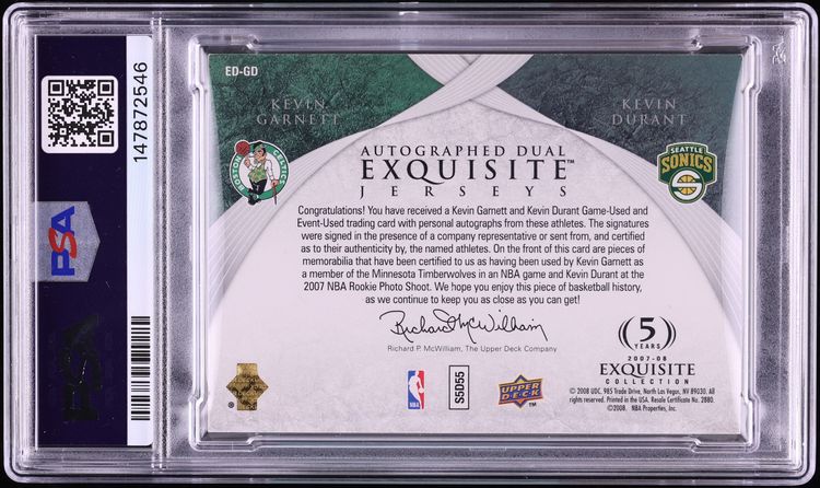 2007 Exquisite Collection Jerseys Kevin Garnett & Kevin Durant ROOKIE PATCH AUTO /5 PSA 7 NRMT