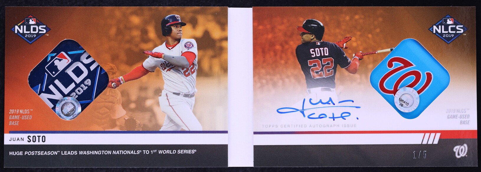 2019 Topps Now Booklet Orange Juan Soto BASE PATCH AUTO 1/5 #BC1-D