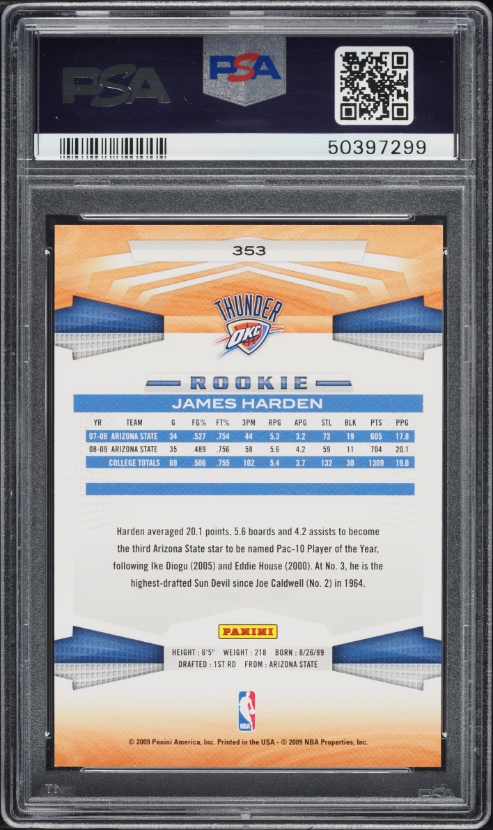2009 Panini Basketball James Harden ROOKIE #353 PSA 8 NM-MT
