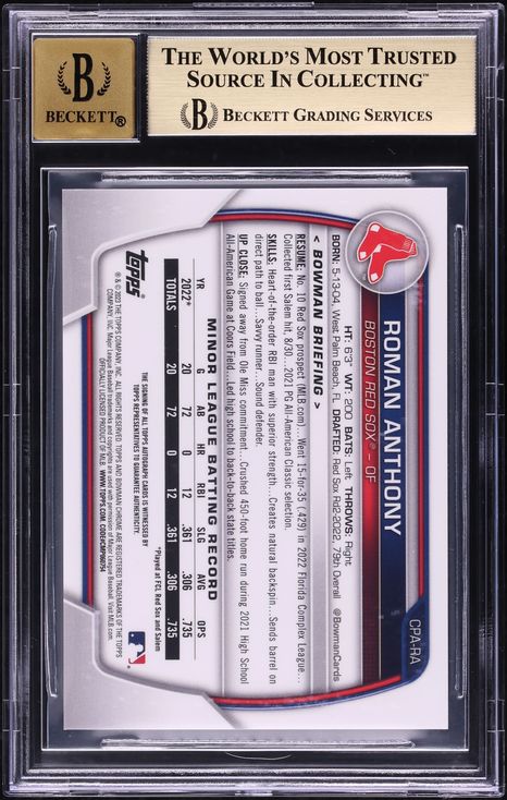 2023 Bowman Chrome Red Refractor Roman Anthony PROSPECT AUTO 1/5 BGS 9.5 GEM