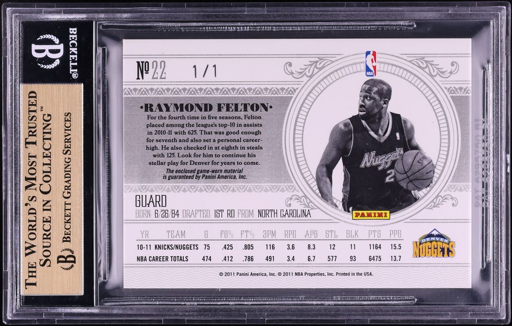 2010 Playoff National Treasures Century Tags Raymond Felton PATCH 1/1 #22 BGS 9.5 GEM MINT - Photo 2