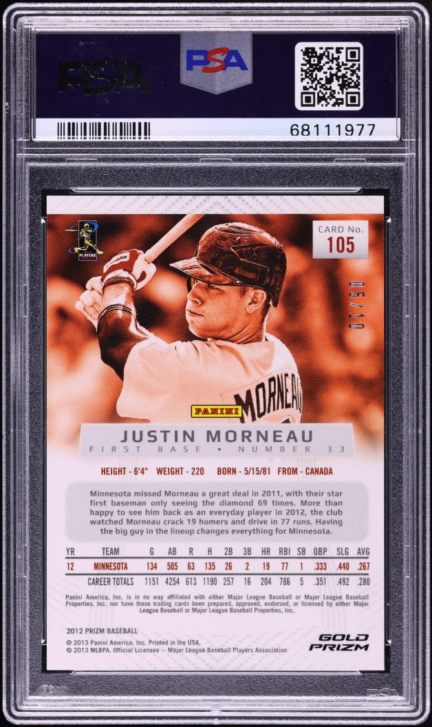 2012 Panini Prizm Gold Justin Morneau /10 #105 PSA 10 GEM MINT - Photo 2