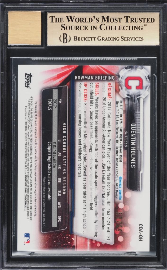 2017 Bowman Chrome Draft Green Refractor Quentin Holmes PROSPECT AUTO /99 #CDA-QH BGS 9.5 GEM