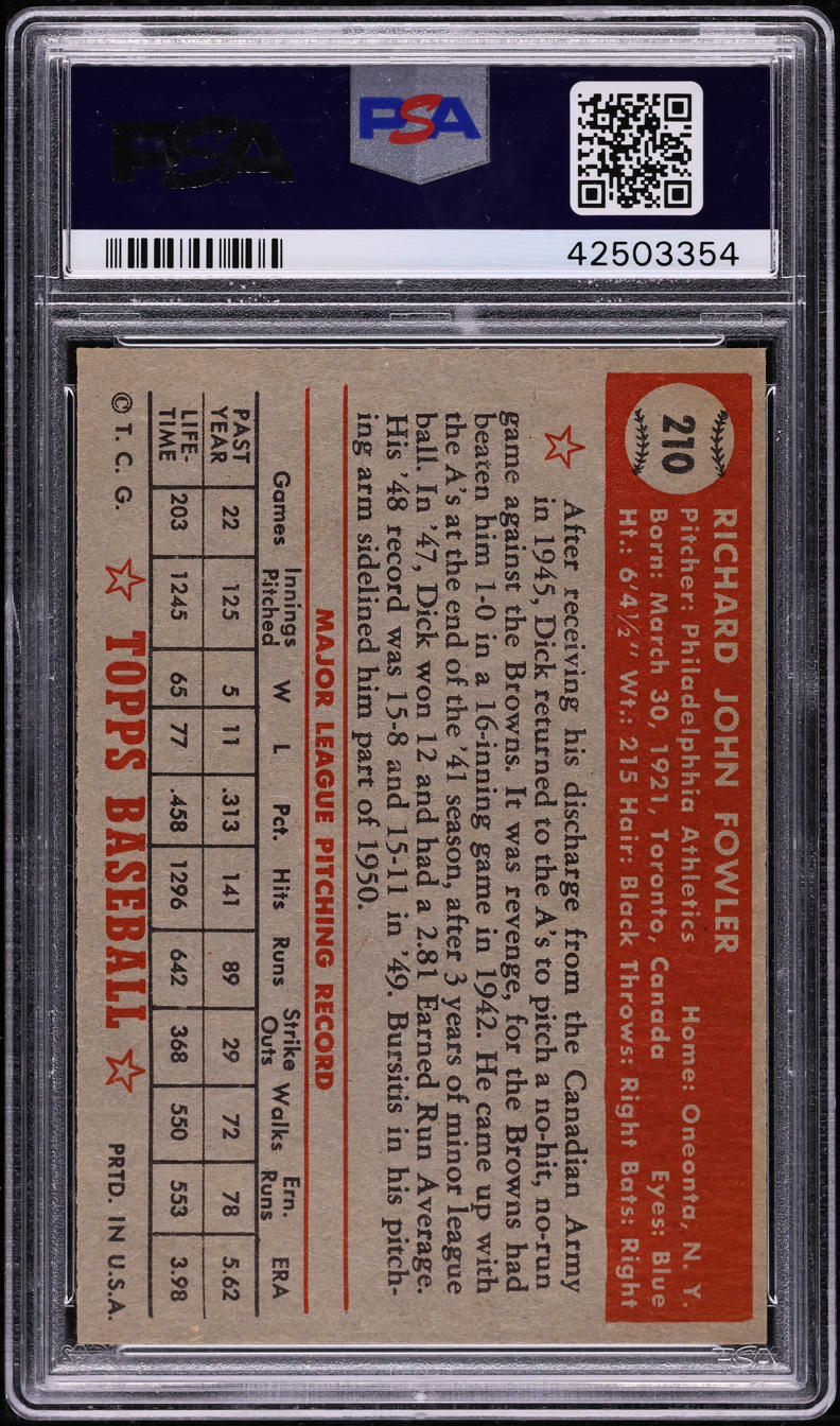 1952 Topps Dick Fowler #210 PSA 7 NRMT