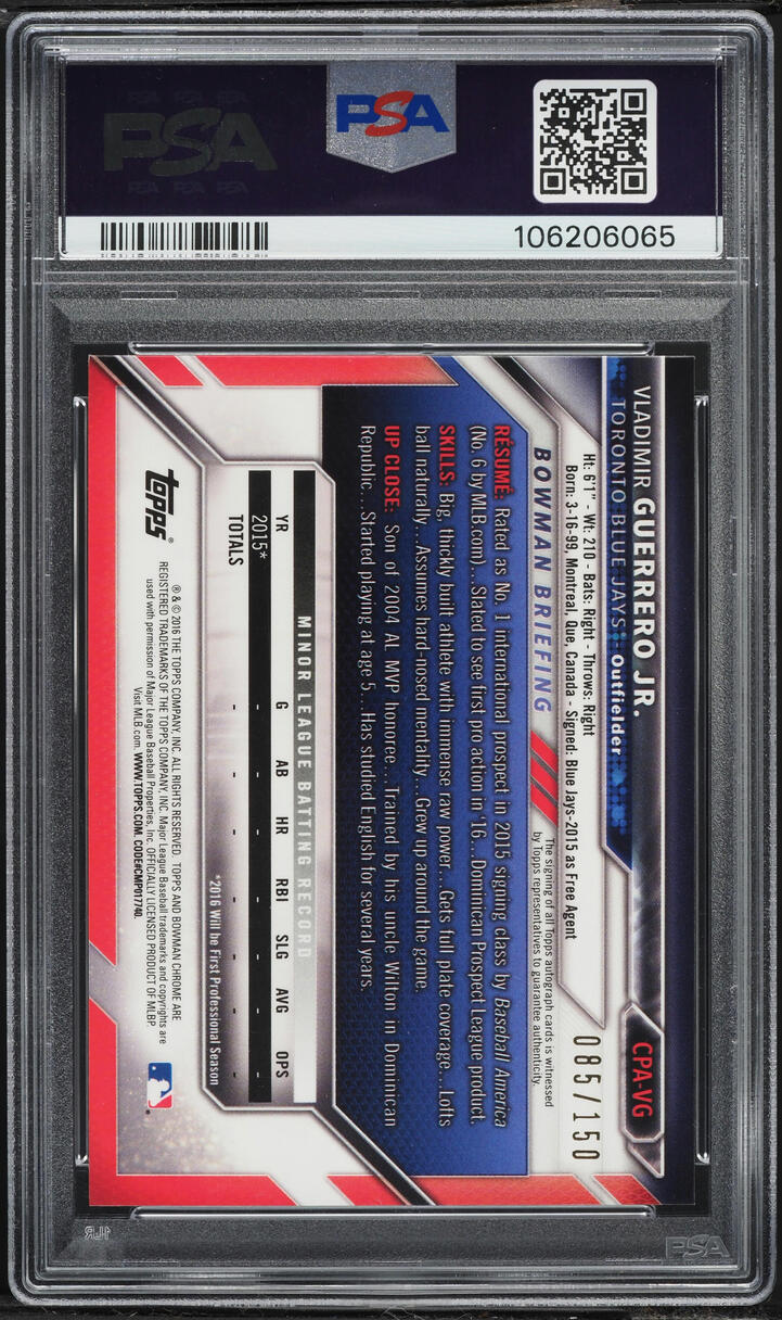 2016 Bowman Chrome Blue Refractor Vladimir Guerrero Jr. PROSPECT AUTO /150 PSA 10 GEM MINT