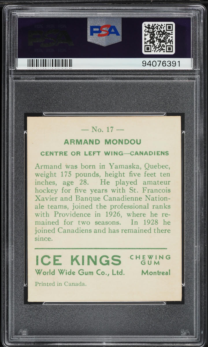 1933 World Wide Gum Ice Kings Armand Mondou ROOKIE, ENGLISH ONLY #17 PSA 5 EX