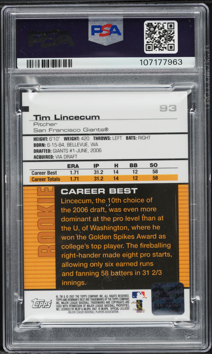 2007 Bowman's Best Tim Lincecum ROOKIE AUTO #93 PSA 6 EXMT