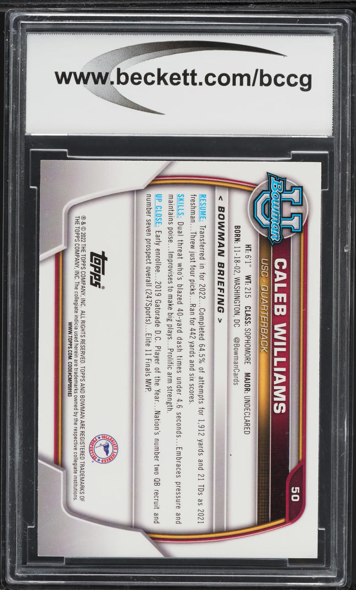 2022 Bowman Chrome University Caleb Williams ROOKIE #50 BCCG 10