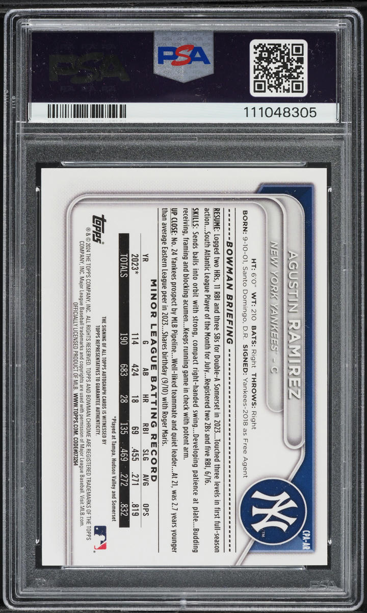 2024 Bowman Chrome Blue Refractor Agustin Ramirez PROSPECT AUTO /150 #CPAR PSA 10 GEM MINT
