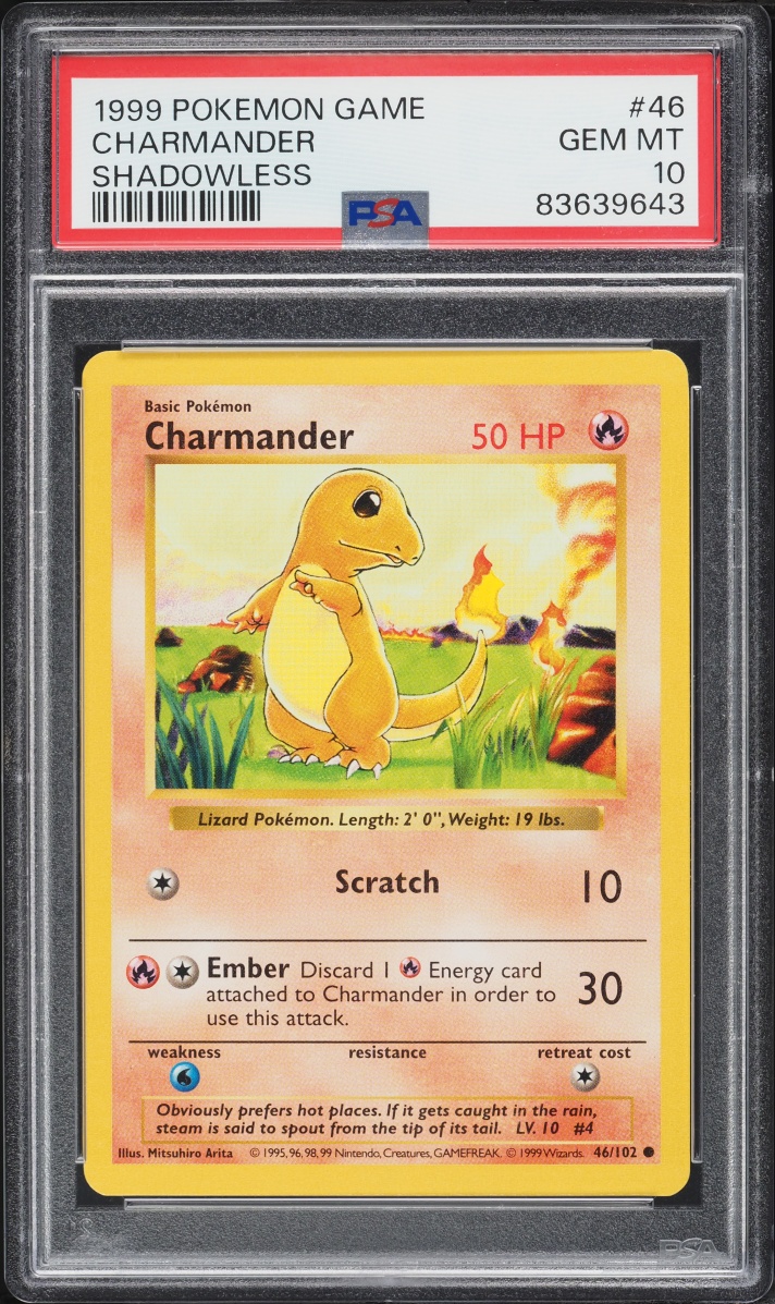 1999 Pokemon Base Set Shadowless Charmander #46 PSA 10 GEM MINT