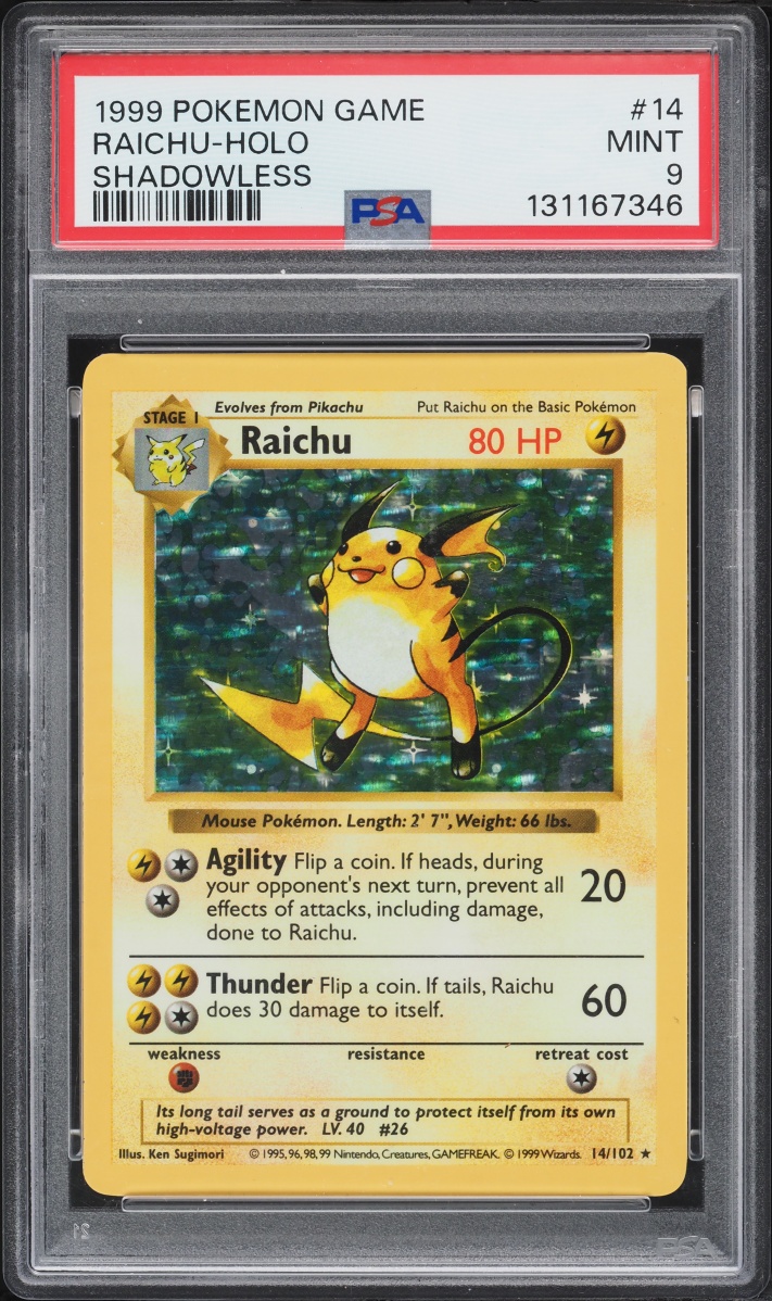 1999 Pokemon Base Set Shadowless Holo Raichu #14 PSA 9 MINT