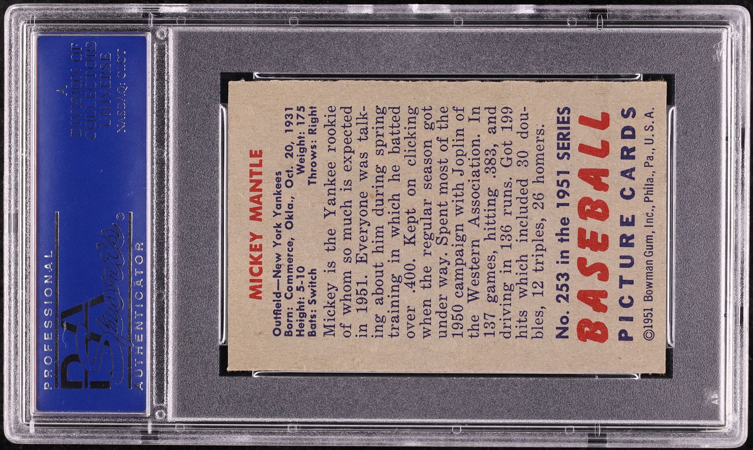 1951 Bowman Mickey Mantle ROOKIE #253 PSA 5 EX