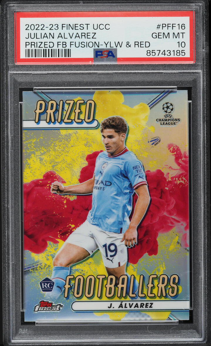 2022 Finest UEFA Prized Footballers Fusion Yellow & Red Julian Alvarez ROOKIE #PFF-16 PSA 10
