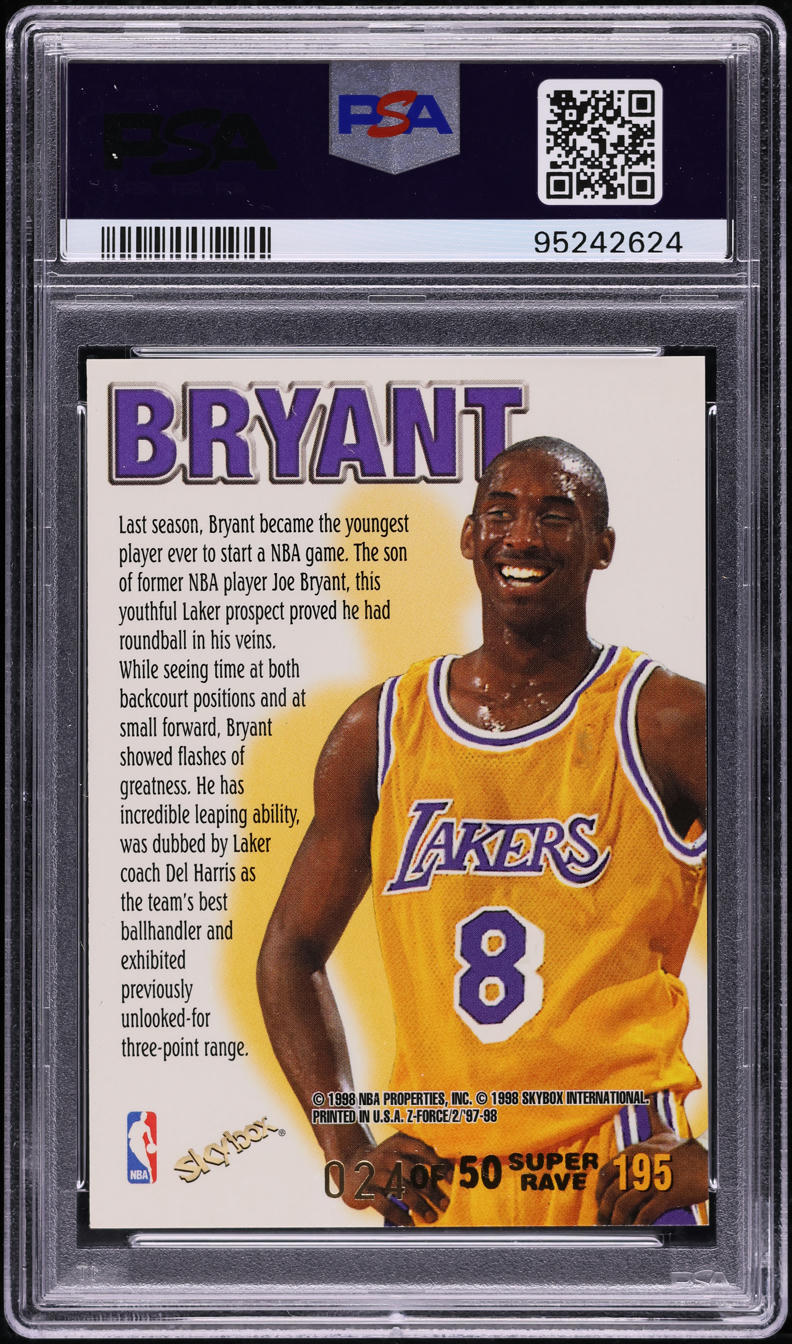 1997 Skybox Z-Force Super Rave Kobe Bryant JSY # 24/50 #195 PSA 7 NRMT