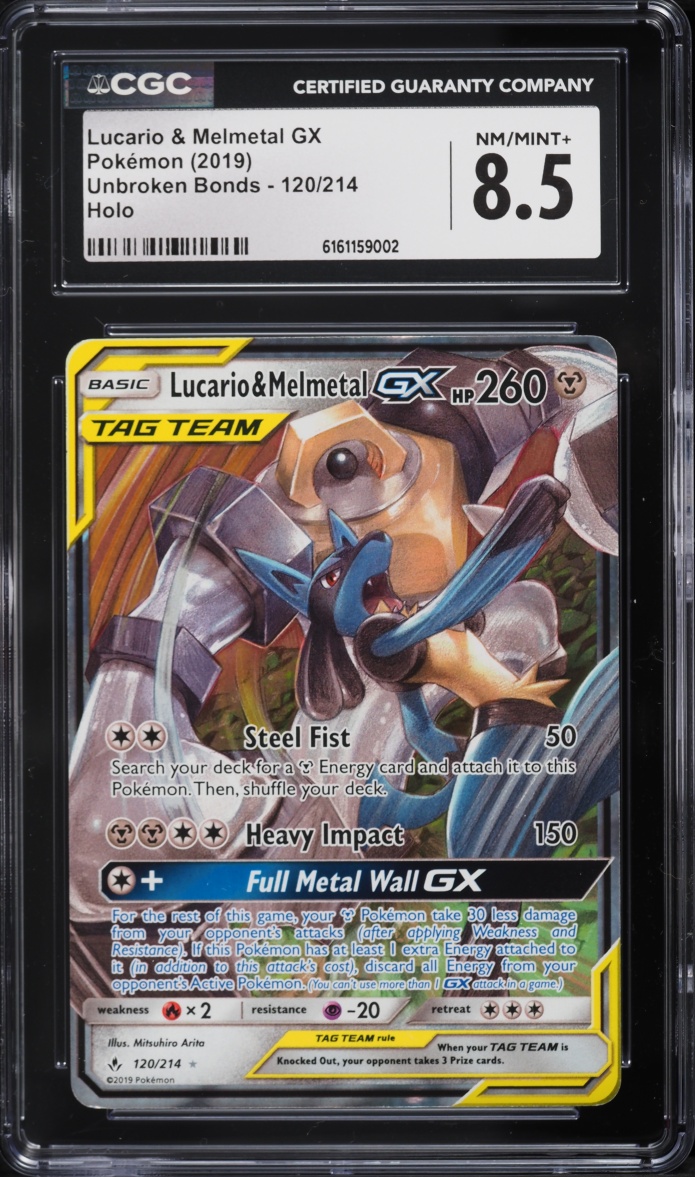 2019 Pokemon Sun & Moon Unbroken Bonds Lucario & Melmetal GX #120 CGC 8.5 NM-MT+