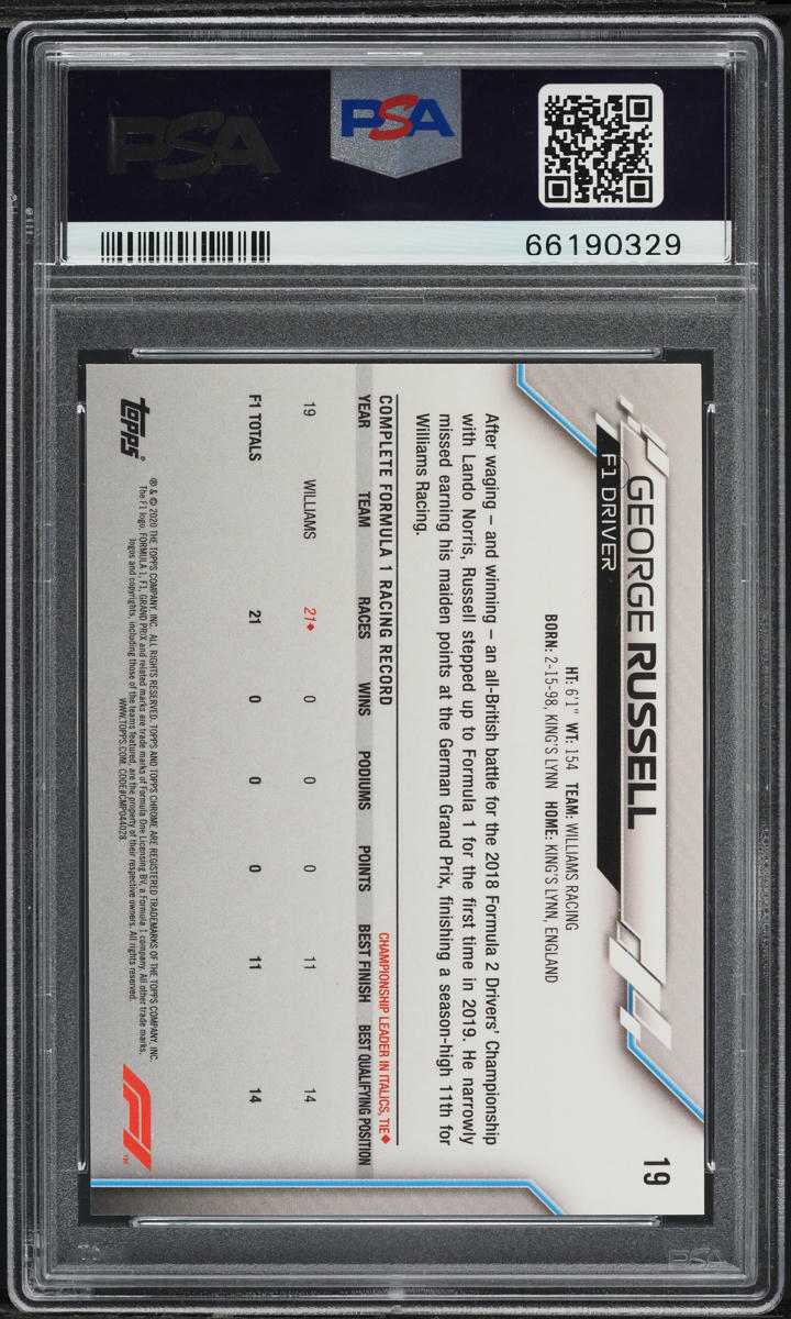 2020 Topps Chrome Formula 1 70th Gold George Russell ROOKIE #19 PSA 10 GEM MINT