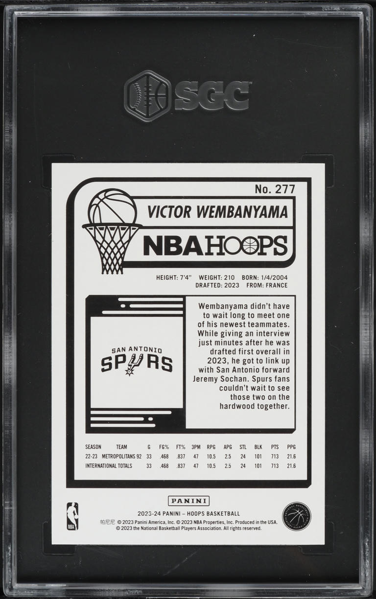 2023 Hoops Victor Wembanyama ROOKIE #277 SGC 10 GEM MINT