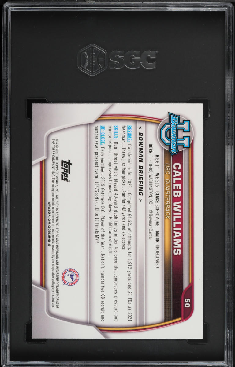 2022 Bowman Chrome U Purple Shimmer Refractor Caleb Williams ROOKIE #50 SGC 8.5