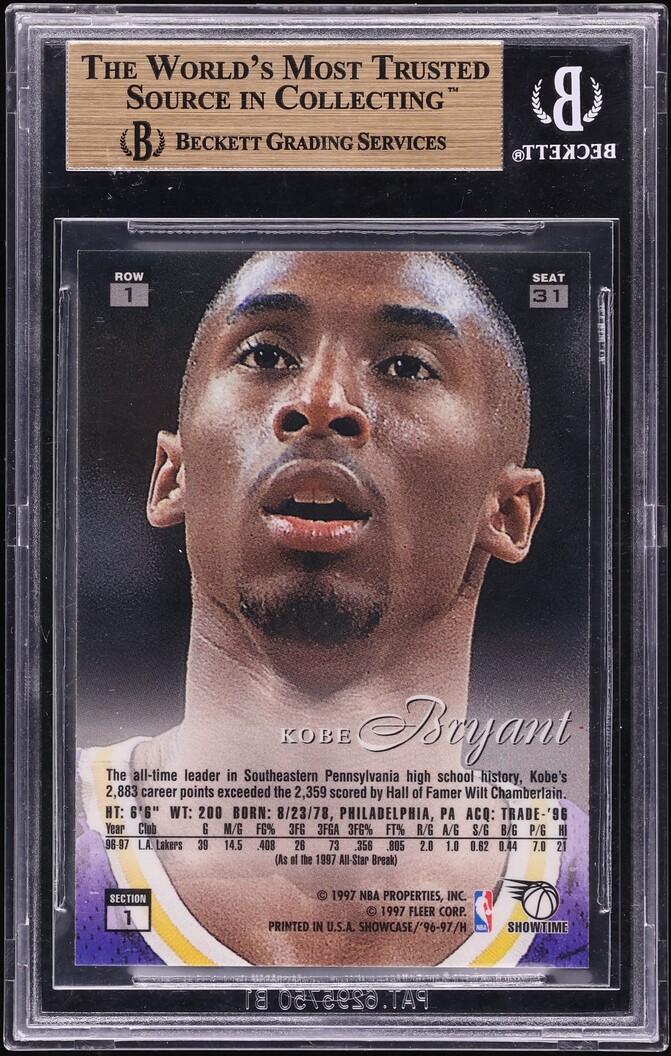 1996 Flair Showcase Row 1 Kobe Bryant ROOKIE #31 BGS 9.5 GEM MINT