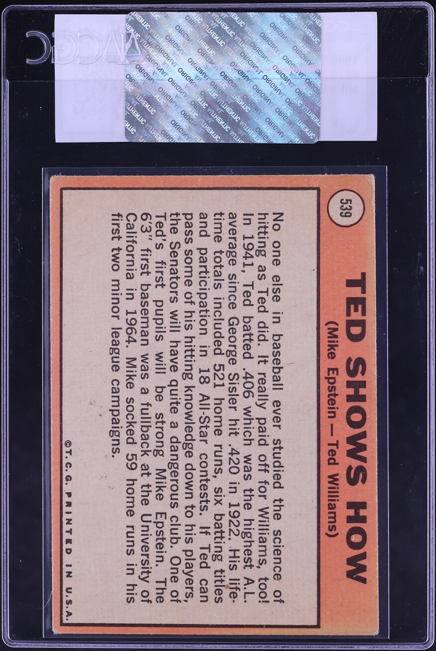 1969 Topps Ted Williams & Mike Epstein SHOWS HOW #539 CGC AUTH