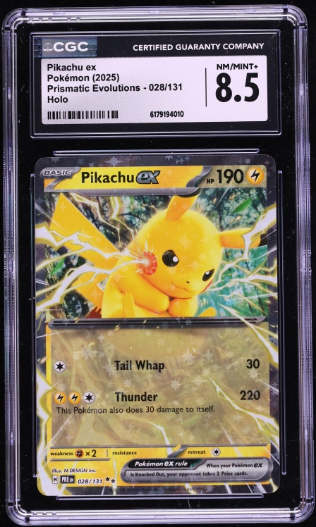 2025 Pokemon Scarlet & Violet Prismatic Evolutions Holo Pikachu ex #28 CGC 8.5 NM-MT+