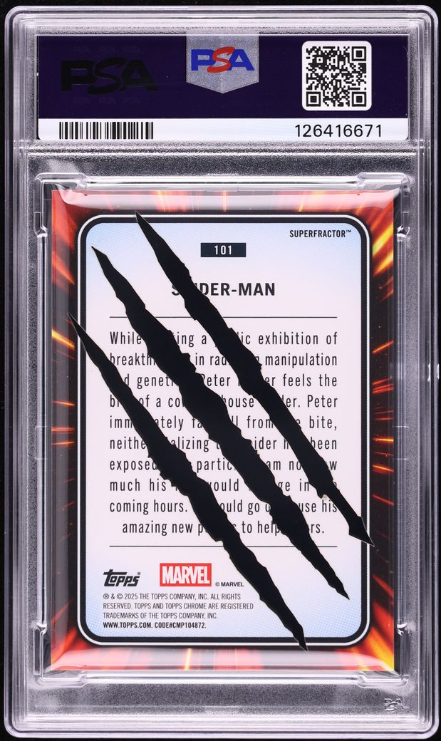スパイダーマン1tb 2025 Topps Chrome Marvel Clawed Superfractor Spider-Man 1/1 #101