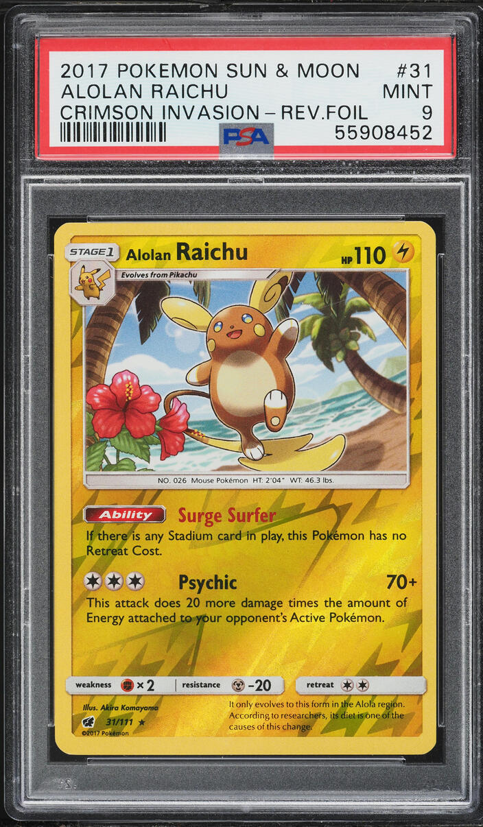 2017 Pokemon Sun & Moon Crimson Invasion Reverse Holo Alolan Raichu #31 PSA 9 MINT