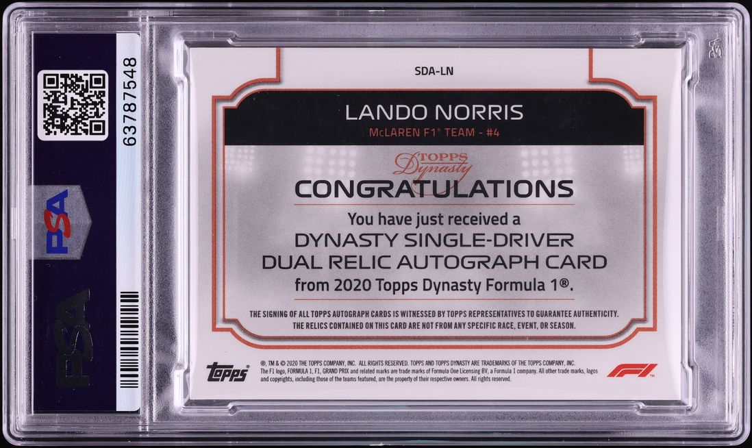 2020 Topps Dynasty Formula 1 F1 Red Lando Norris PATCH AUTO DNA 10 1/5 #SDA-LN PSA 10 GEM MINT - Photo 2