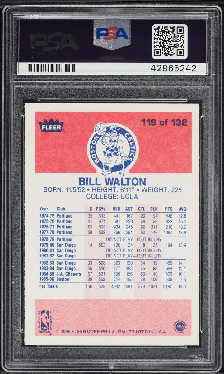 1986 Fleer Basketball Bill Walton #119 PSA 10 GEM MINT