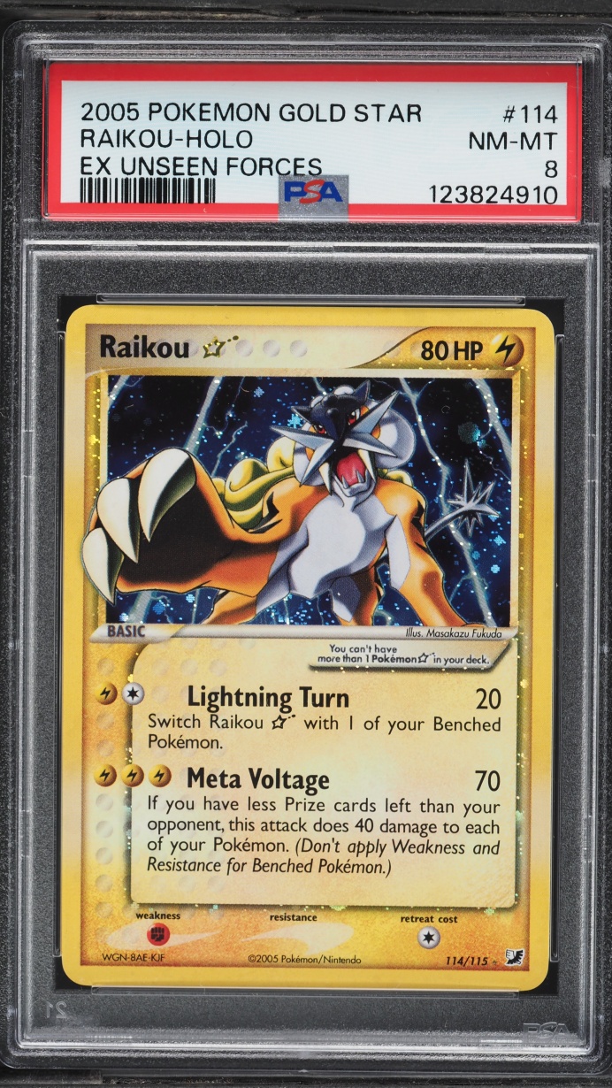 2005 Pokemon EX Unseen Forces Holo Raikou Gold Star #114 PSA 8 NM-MT
