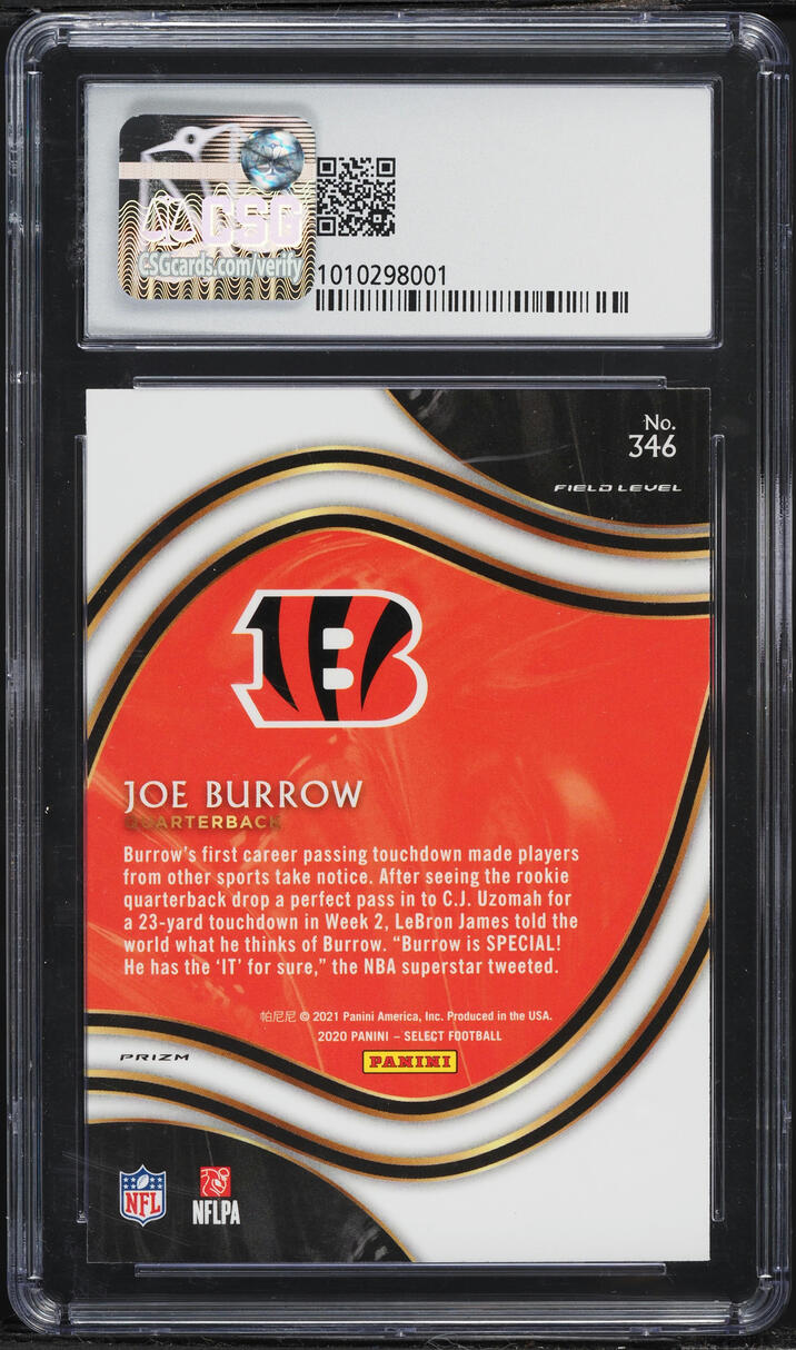 2020 Select Field Level Silver Joe Burrow ROOKIE #346 CSG 10 PRISTINE