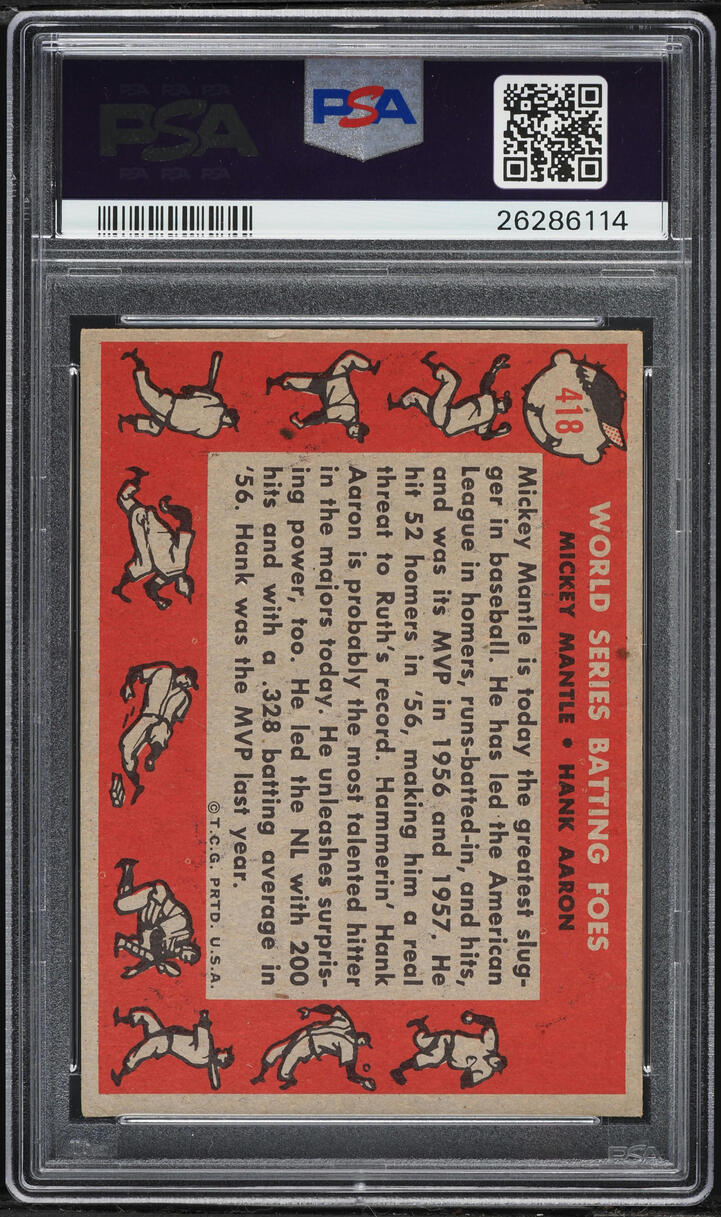 1958 Topps Mickey Mantle & Hank Aaron BATTING FOES #418 PSA 6 EXMT - Photo 2