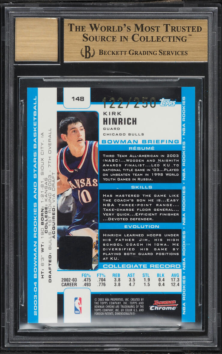2003 Bowman Chrome Kirk Hinrich ROOKIE AUTO /250 #148 BGS 9.5 GEM MINT - Photo 2