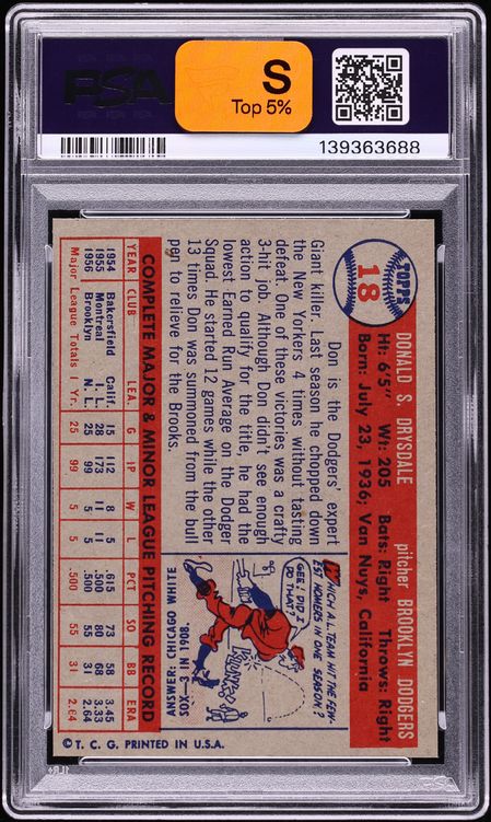 1957 Topps Don Drysdale ROOKIE #18 PSA 9 MINT